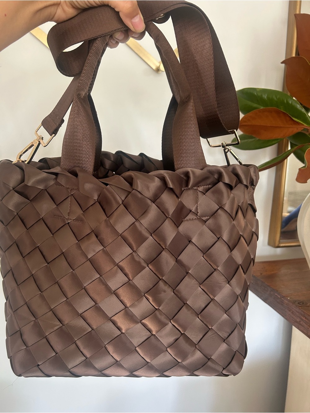 Adorned Woven Shoulder Bag in Chocolate Brown